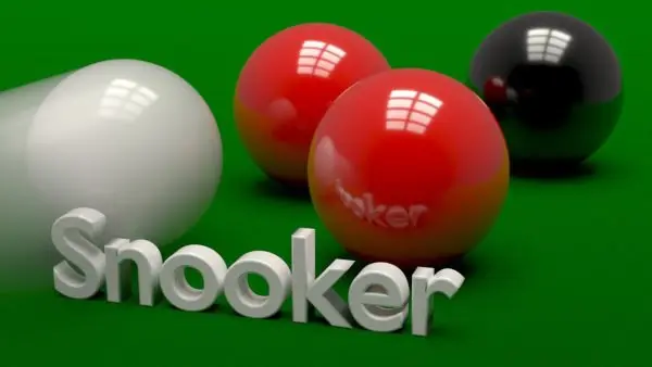 Vier Kugeln auf dem Tisch und der Schriftzug “Snooker”.